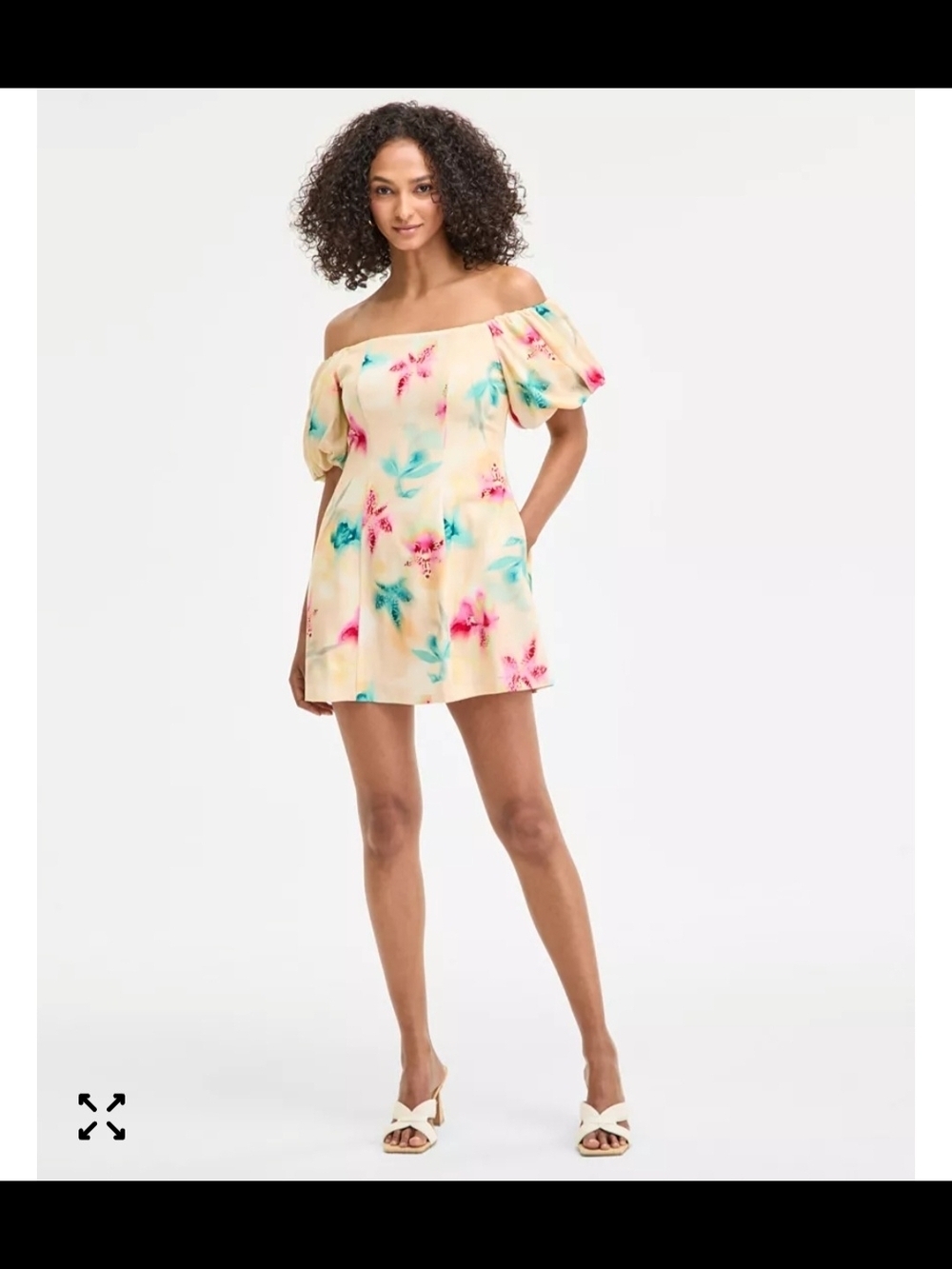 Bar III Off-the-Shoulder Floral Mini Dress in Yellow with Pink & Teal Accents